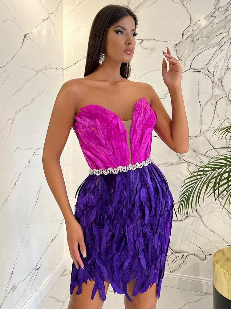 PB Stylish High Waist Feather Crystal Design Mini Dress Sexy Strapless Sleeveless Celebrity Party Club
