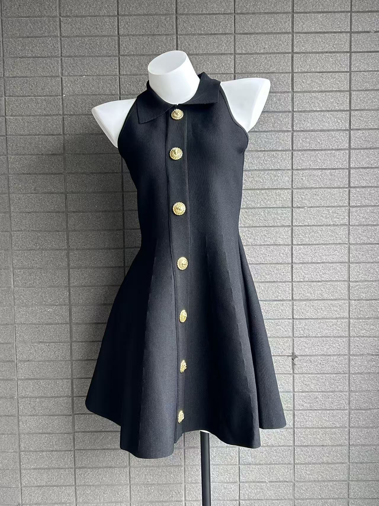 Elegant Sleeveless A-Line Dress with Notched Collar and Fitted Waist, Chic Petite Design