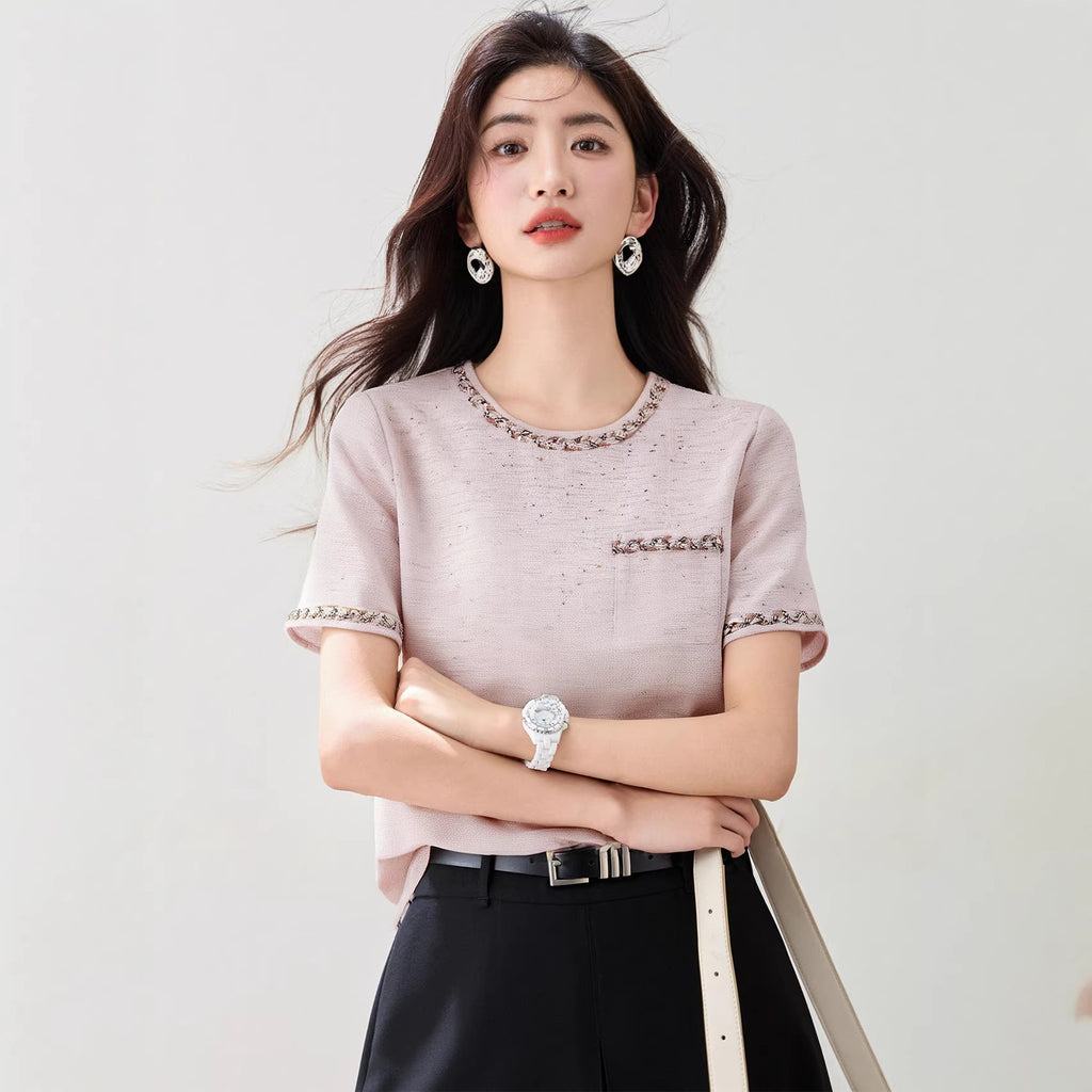 Fashionable and Elegant Lightweight Luxury Style Beaded Short Sleeve Top with Round Neck, Chic Inner Wear