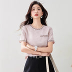 Fashionable and Elegant Lightweight Luxury Style Beaded Short Sleeve Top with Round Neck, Chic Inner Wear