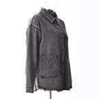 Women's Black Gray Denim Shirt Lapel Loose Grinding The Hem Rivet Long Sleeves Blouse