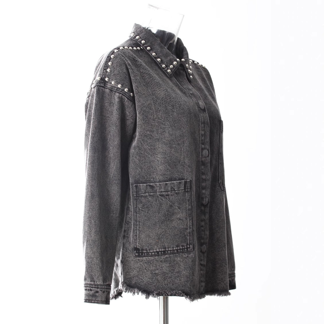 Women's Black Gray Denim Shirt Lapel Loose Grinding The Hem Rivet Long Sleeves Blouse