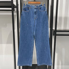 Early autumn trendy luxury denim with diamond fringed silhouette, off shoulder shirt, straight leg pants set