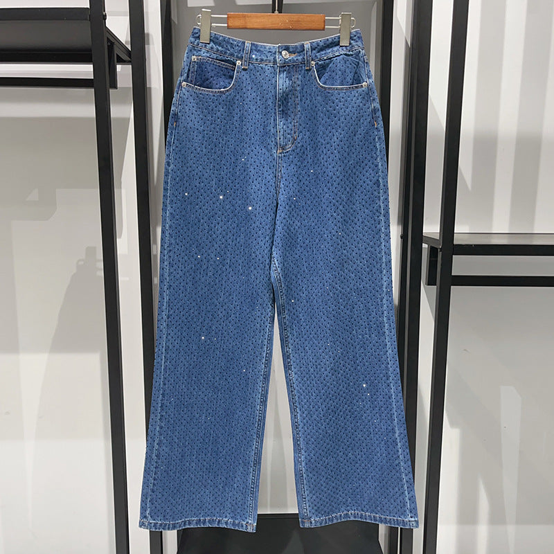 Early autumn trendy luxury denim with diamond fringed silhouette, off shoulder shirt, straight leg pants set