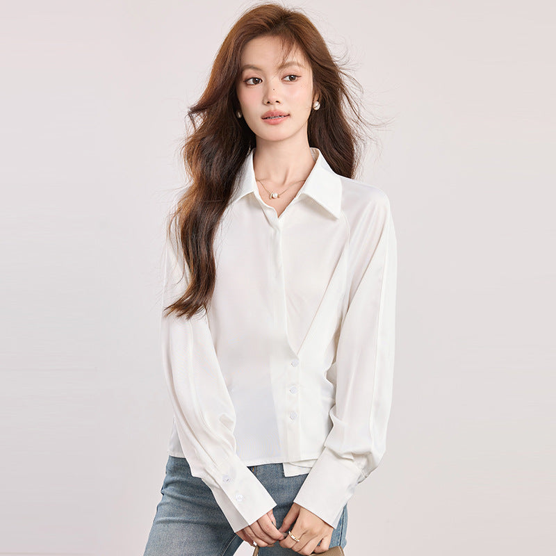 Chic Slant Button Flip Collar Blouse for Women, Fitted Slimming Office Commute Versatile White Shirt