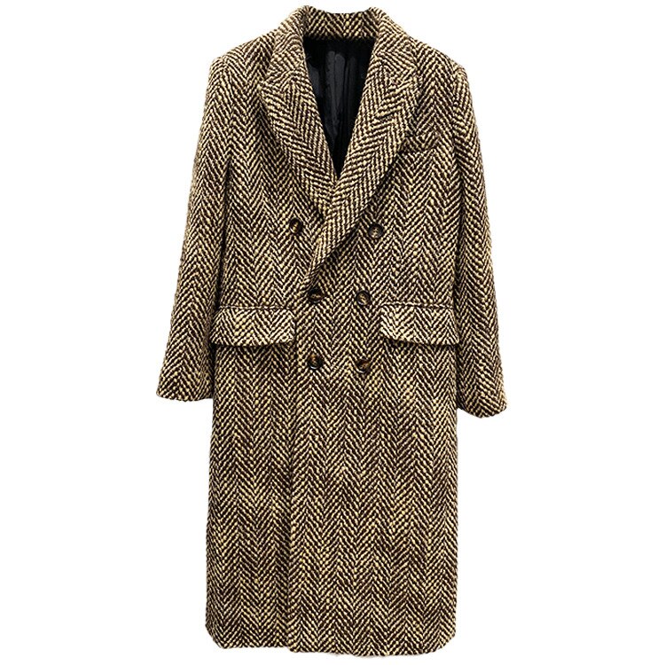 New Retro Herringbone Mohair Coat Women's Woolen Tweed Over The Knee Suit Collar Long Coat