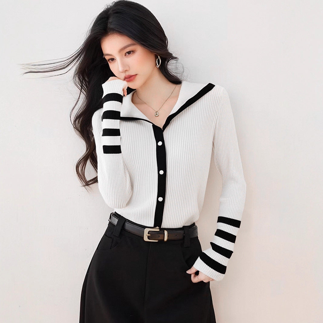 Fashionable Stripe Spliced Color-Blocking Knit Cardigan for Women, French Style Top, Casual Wear