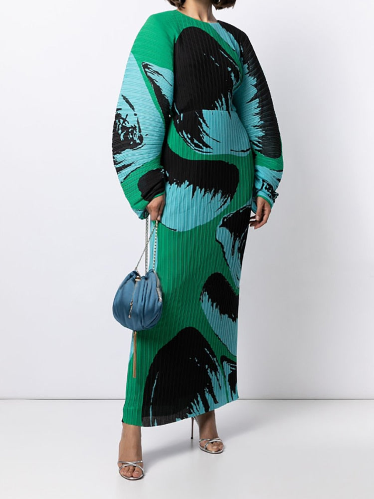 Pleated Hand Painted Long Dress New Spring Summer Loose Women Long Sleeves Designer Elegant Fashion Clothes