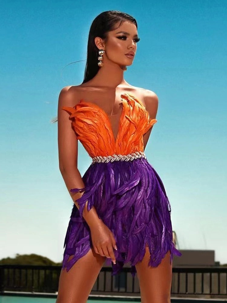 PB Stylish High Waist Feather Crystal Design Mini Dress Sexy Strapless Sleeveless Celebrity Party Club