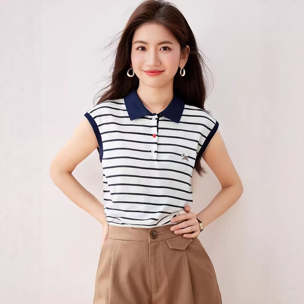 Light Luxury Retro Stripe Short Sleeve T-Shirt for Women, Summer Slim Fit Loose Embroidered Top Fashion