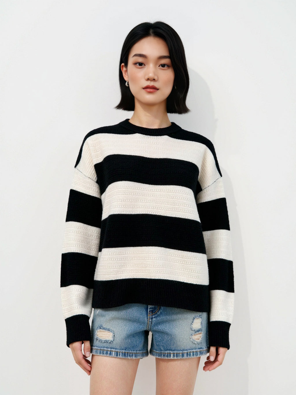 Thickened Wool Sweater Inner Retro Color Block Loose Lazy Striped Base Layer Top Women's Outer Knitted Sweater