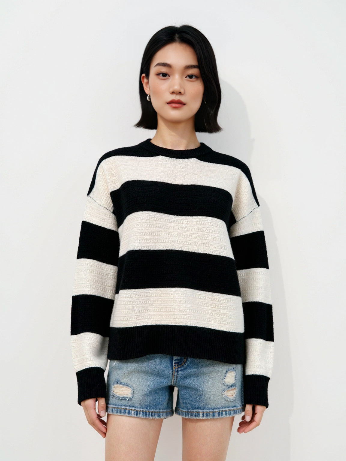 Thickened Wool Sweater Inner Retro Color Block Loose Lazy Striped Base Layer Top Women's Outer Knitted Sweater