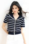 Knitted Stripe Spliced Short Sleeve Cardigan Top
