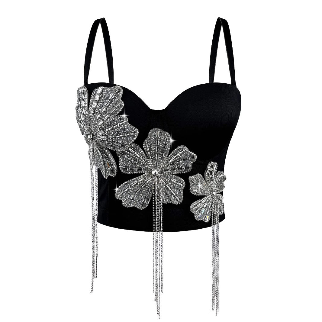 Luxury Rhinestone Flower Spicy Girl Sexy High-Grade Design Waist-Cinching Outer-Wearing Boned Bustier
