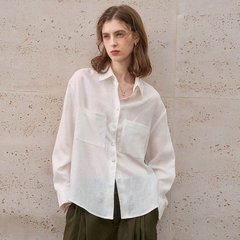 Vintage Style Linen Tencel Sunscreen Shirt Loose Casual Cotton Linen Blouse Open Cardigan Women's Top Notched Collar Long Sleeve Blouse