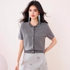 Chic Fashion Solid Color Beaded Design Cardigan Knit Sweater Short Sleeve Casual T-Shirt