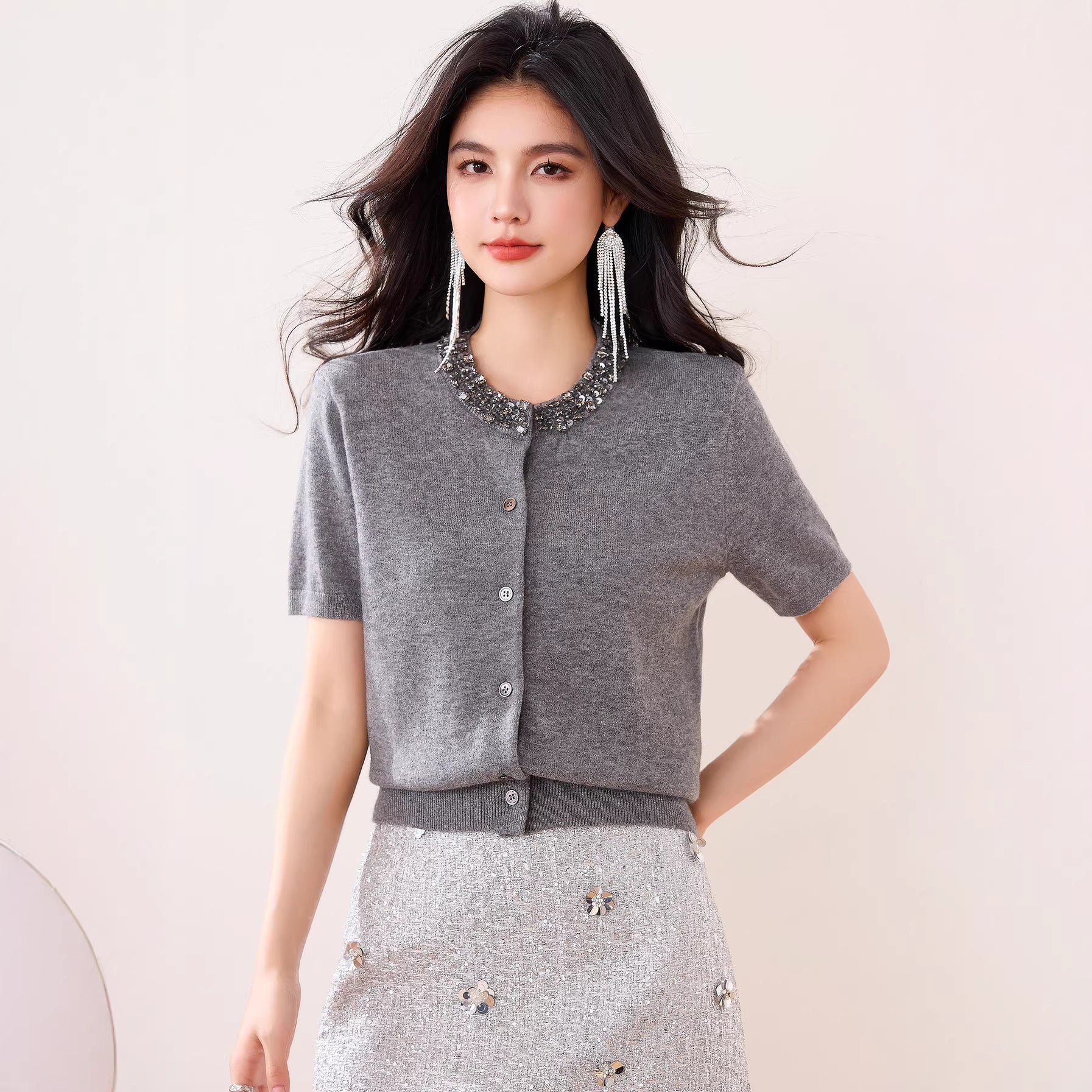 Chic Fashion Solid Color Beaded Design Cardigan Knit Sweater Short Sleeve Casual T-Shirt