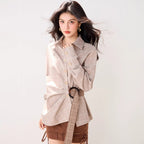 Thousand bird plaid waistband shirt for women's spring new design, retro loose long sleeved shirt top