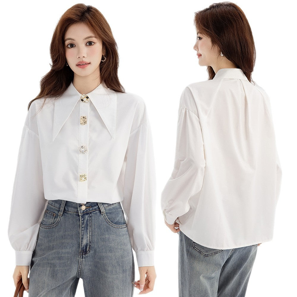 Elegant Luxury Turn-down Collar White Blouse for Women Spring Fashion Stylish Youthful Slim Fit Charming Top