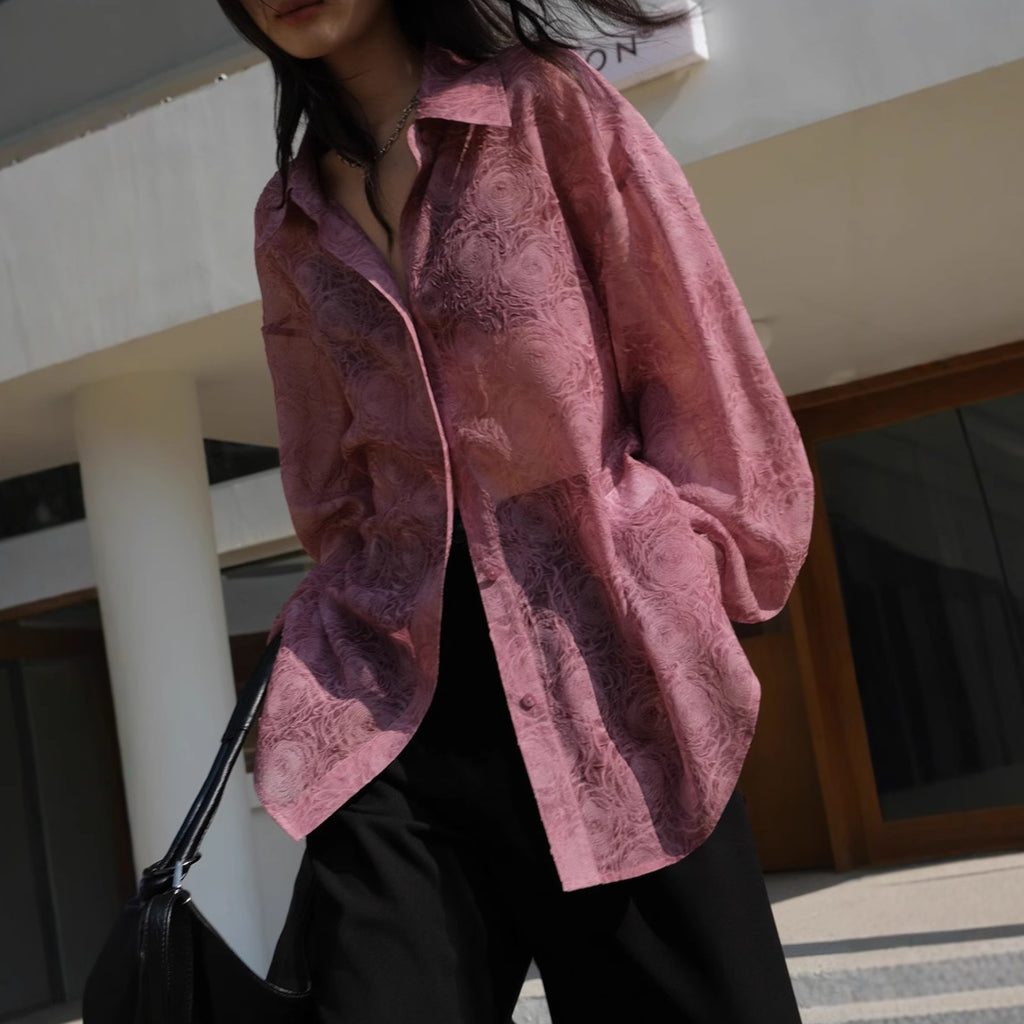 Fashionable Embossed Design Sheer Sun Protection Shirt for Women Loose-Fit Long Sleeve Blouse Summer Stylish Top
