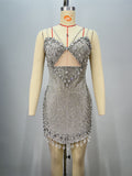 Fashionable Backless Strapless Fitted Mesh Beaded Casual Mini Bodycon Dress for Women