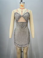 Fashionable Backless Strapless Fitted Mesh Beaded Casual Mini Bodycon Dress for Women