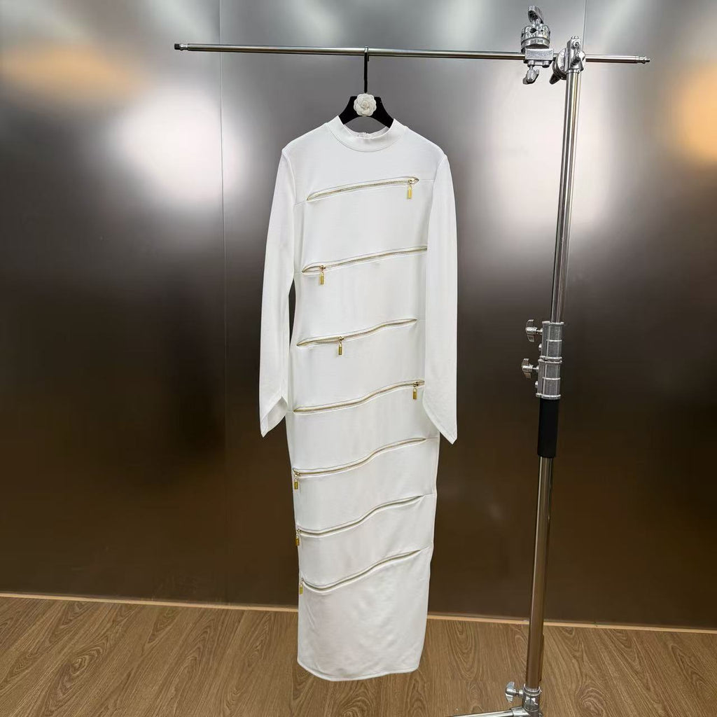 Small stand collar long sleeved multi zipper design waist cinching long dress