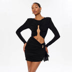 Elegant Sexy Hollow-Out Waist Bodycon Long Sleeve Dress with Pleated Skirt