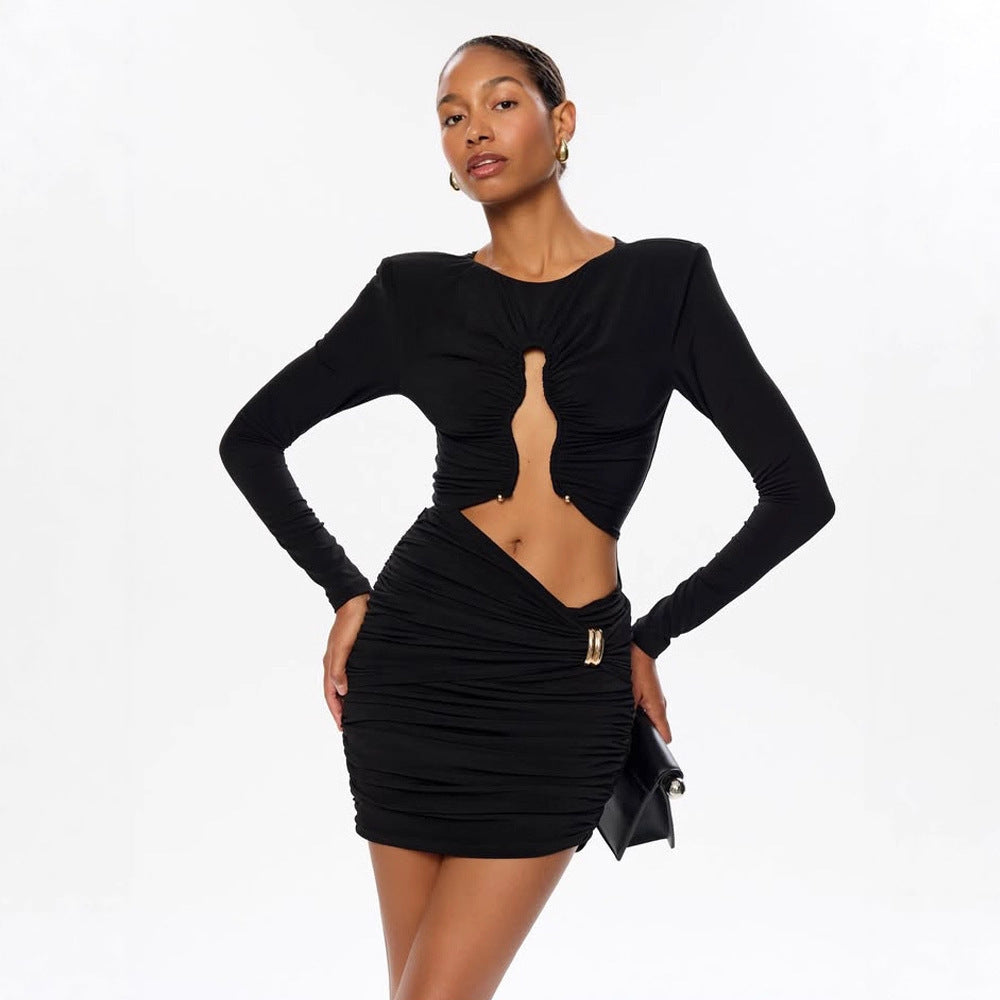 Elegant Sexy Hollow-Out Waist Bodycon Long Sleeve Dress with Pleated Skirt