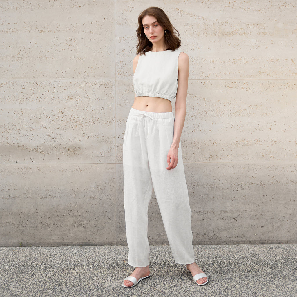 Tencel Linen Crop Top Women's Waist-Cinched Short Vest Style Linen Sleeveless Pullover
