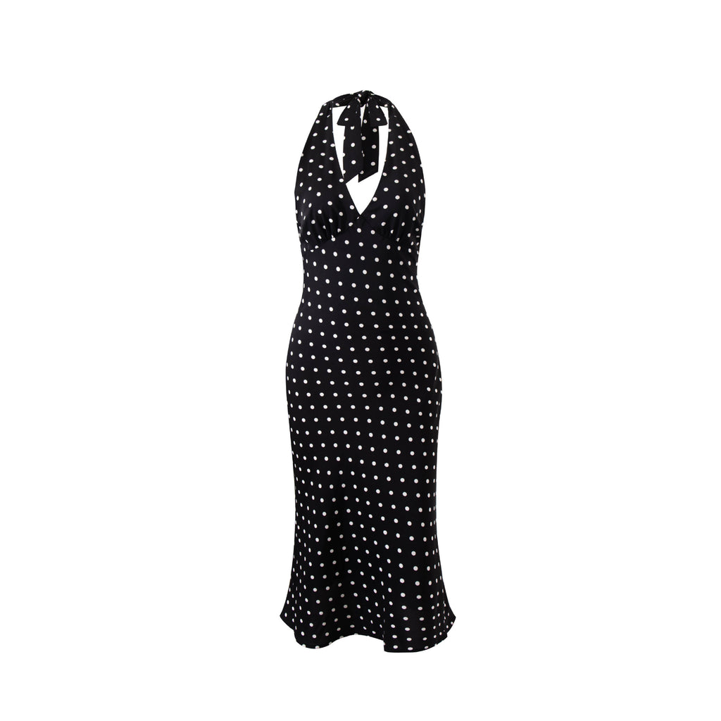 Polka print strap neck bag hip skirt dress