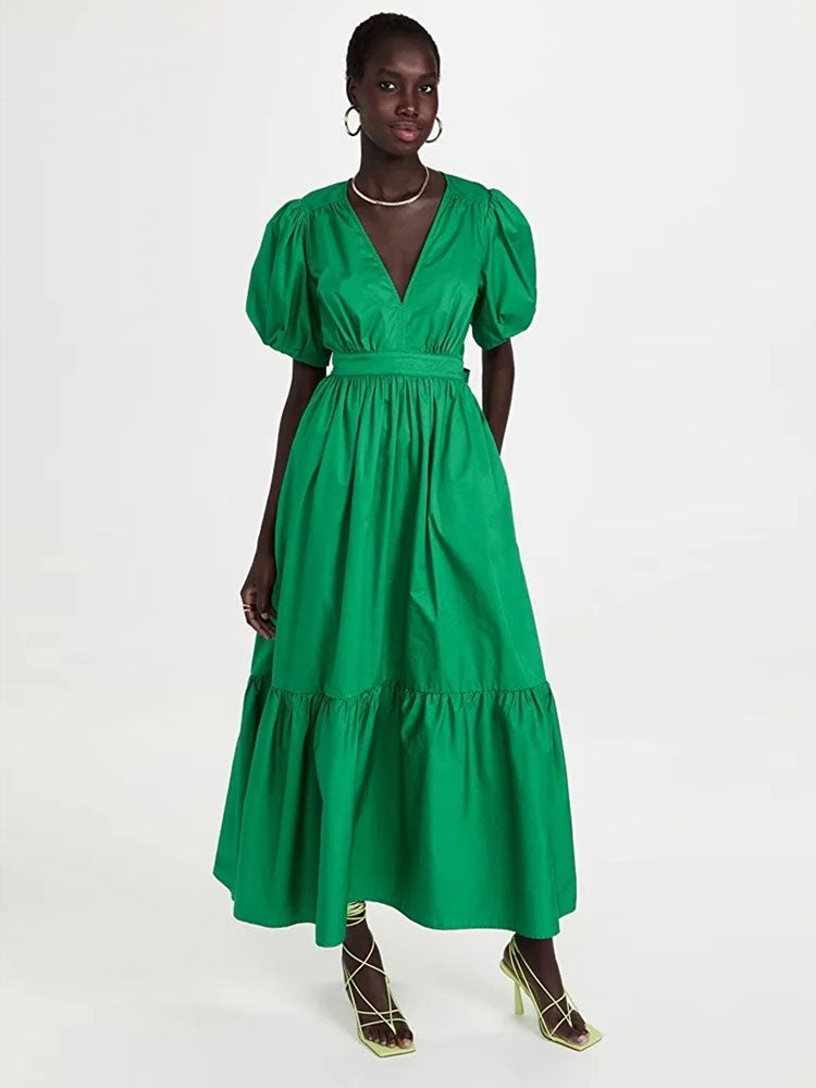 Elegant Solid Puff Sleeve Dress Office Lady Light luxury Deep V Woman Leisure ComfortableMidi A-line Casual Ruffle Dress