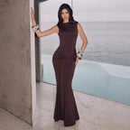 Fashionable Fitted Backless Round Neck High Waist Sleeveless Ribbon Wrap Bodycon Dress