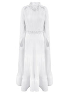 Miyake Pleated Cloak Sleeves High Waist Dress Women  Autumn New Original Designer Sweetheart Neck Ruffles Irregular Clothes