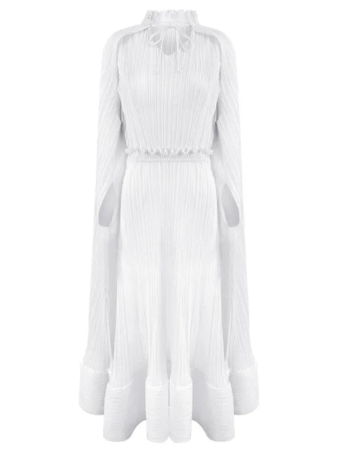 Miyake Pleated Cloak Sleeves High Waist Dress Women  Autumn New Original Designer Sweetheart Neck Ruffles Irregular Clothes