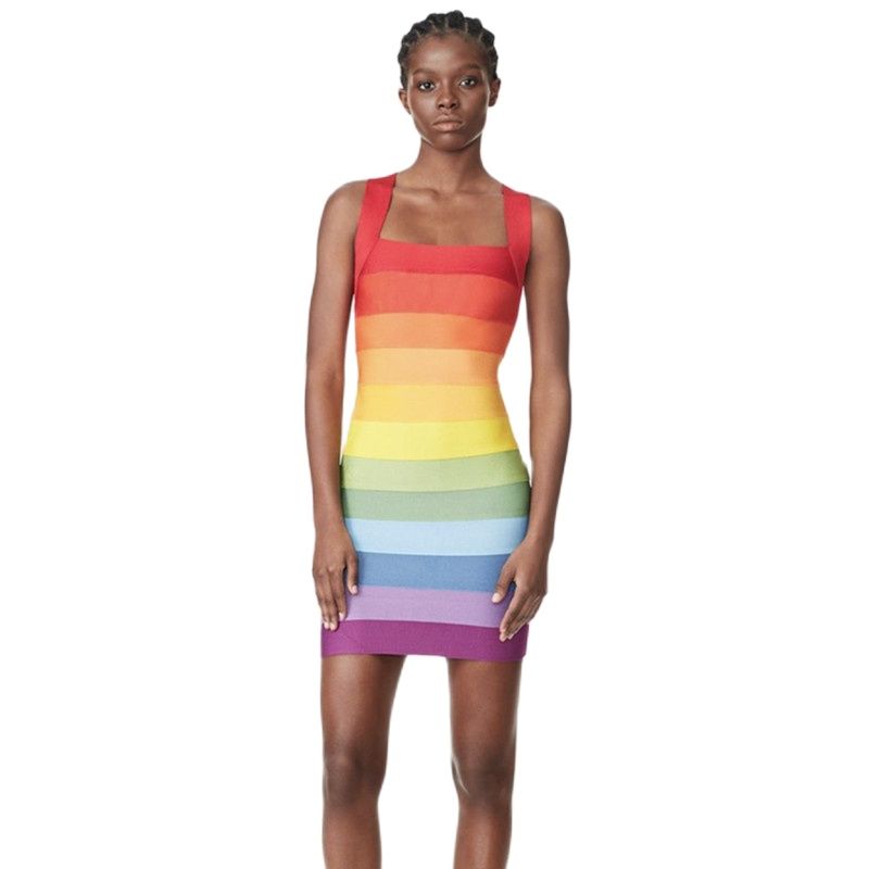 New Women Summer Sexy Backless  Gradient Striped Pink Mini Bodycon Bandage Dress Elegant Evening Party Club Dress