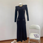 Chiffon Trimmed Collar Black Knitted Fitted Dress for Women