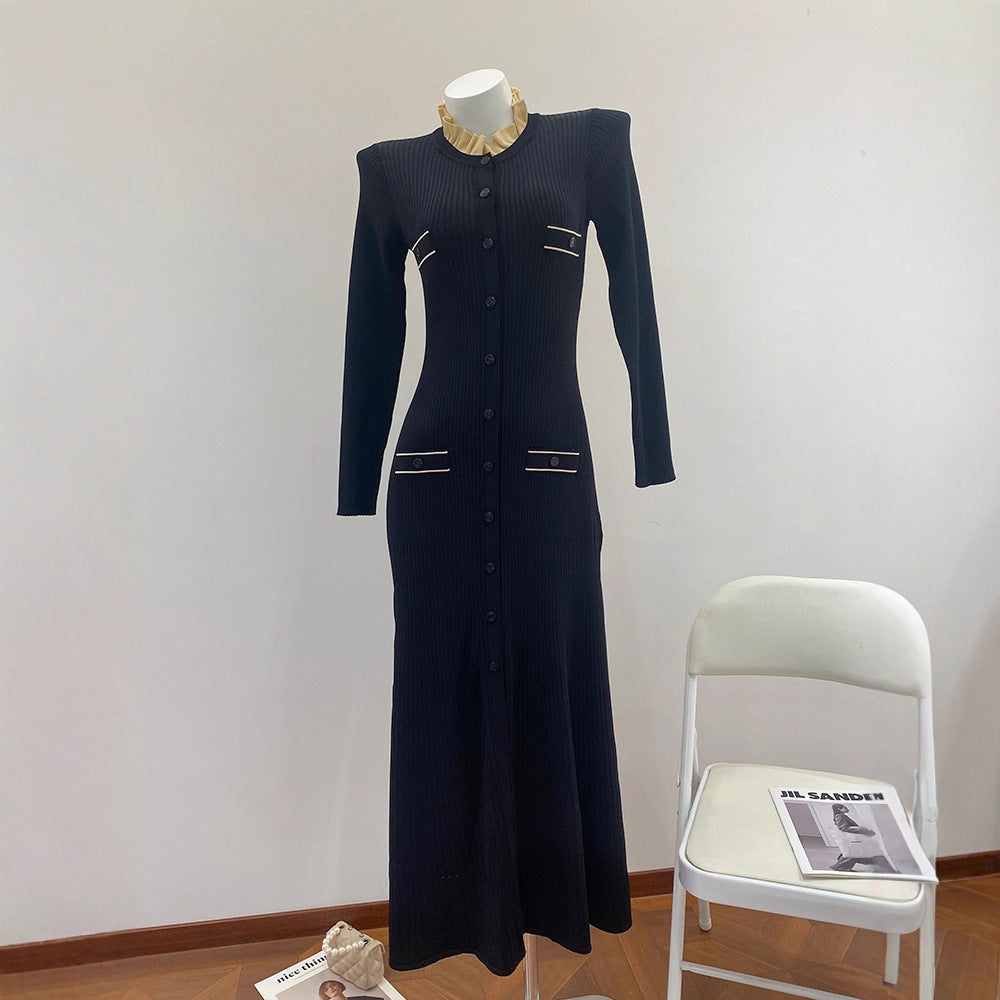 Chiffon Trimmed Collar Black Knitted Fitted Dress for Women