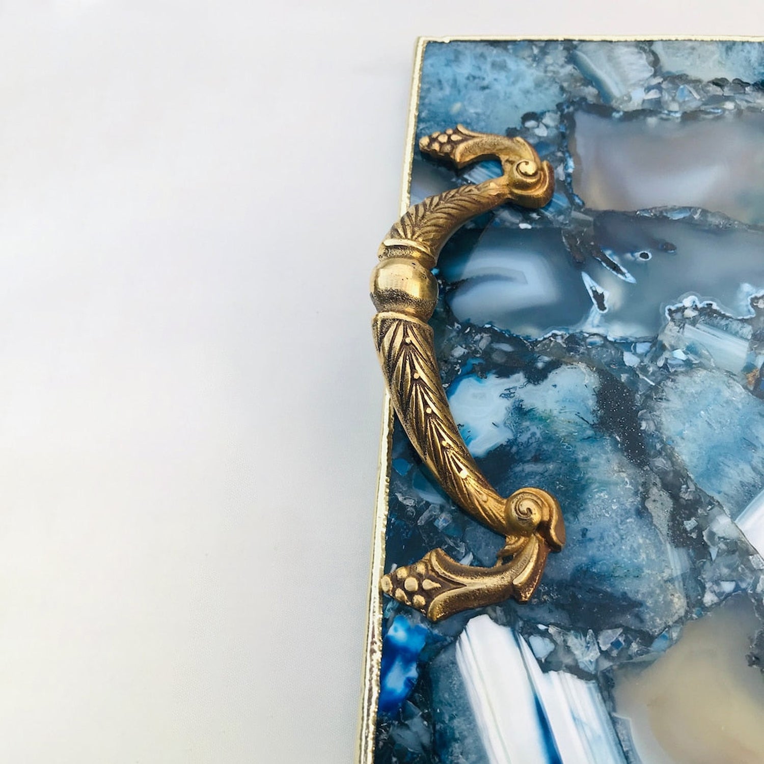 Blue Agate Serving Tray With Brass Handles