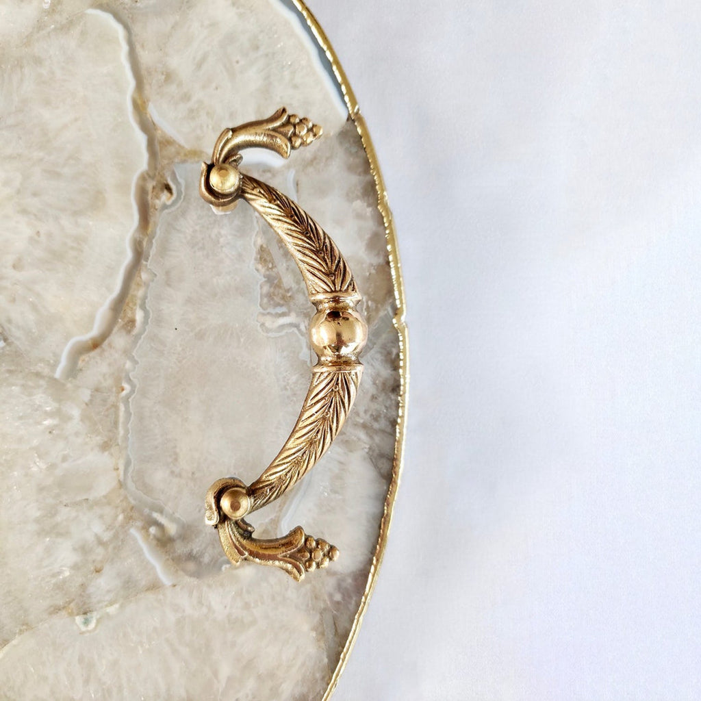 White Agate Serving Tray With Brass Handles | Circular |