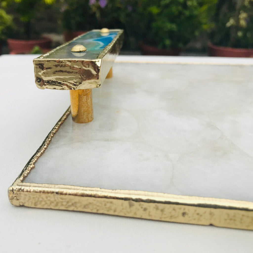 White Crystal Agate Plated Serving Tray With Blue Agate/Onyx Handles/Personalised Momentos/Sign Boards