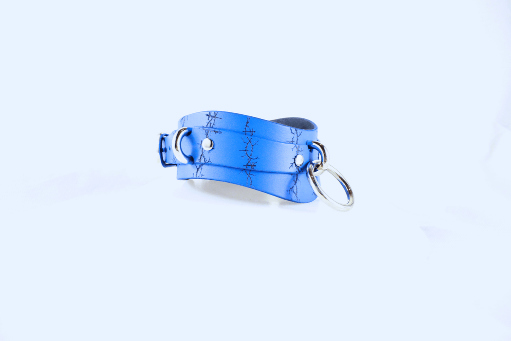 Barbed BDSM Collar – Blue Leather Submissive Collar with Rings
