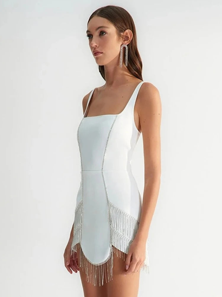 Heavy Industry Diamond Tassel Sleeveless Square Neck Bandage Dress Small Dress