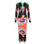 Maxi Dress Women Elegant Aesthetic Print  O-neck Long Sleeve Y2K Bodycon Robe Vintage Streetwear Stunning Female Clothing