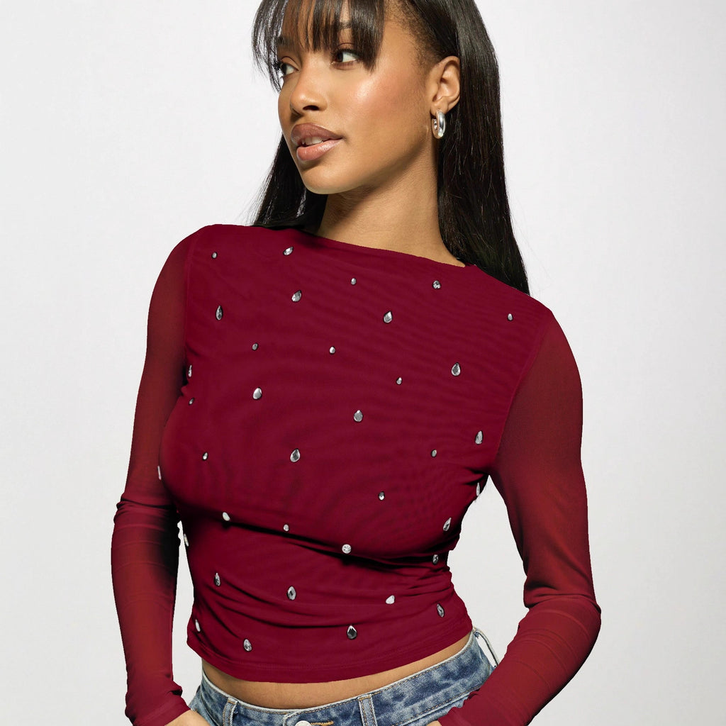 Long sleeved double-layer mesh rhinestone hot pressed women's top