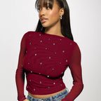Long sleeved double-layer mesh rhinestone hot pressed women's top