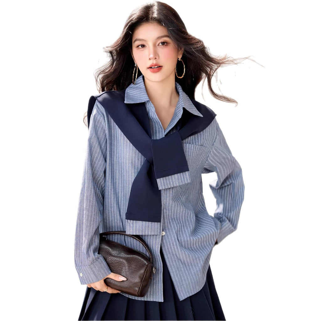 Graceful striped long-sleeve shirt for women, navy blue skirt, campus style two-piece set
