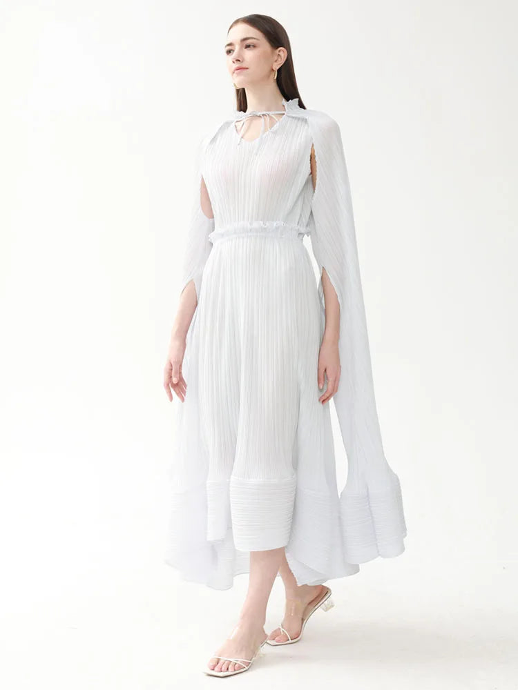 Miyake Pleated Cloak Sleeves High Waist Dress Women  Autumn New Original Designer Sweetheart Neck Ruffles Irregular Clothes
