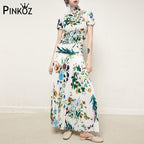 Designer Floral Pattern Women Two Piece Sets Summer Stand Collar Elastic Tops Slimy Tee Pleated Maxi Skirt