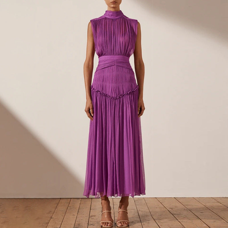 New Chiffon Small Stand Collar Solid Color Stitching Slim Long Swing Dress